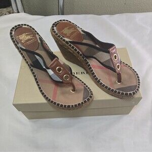 Burberry Espadrille Wedge Sandals Nova Check Leather Thong Natural Tan Brown 39